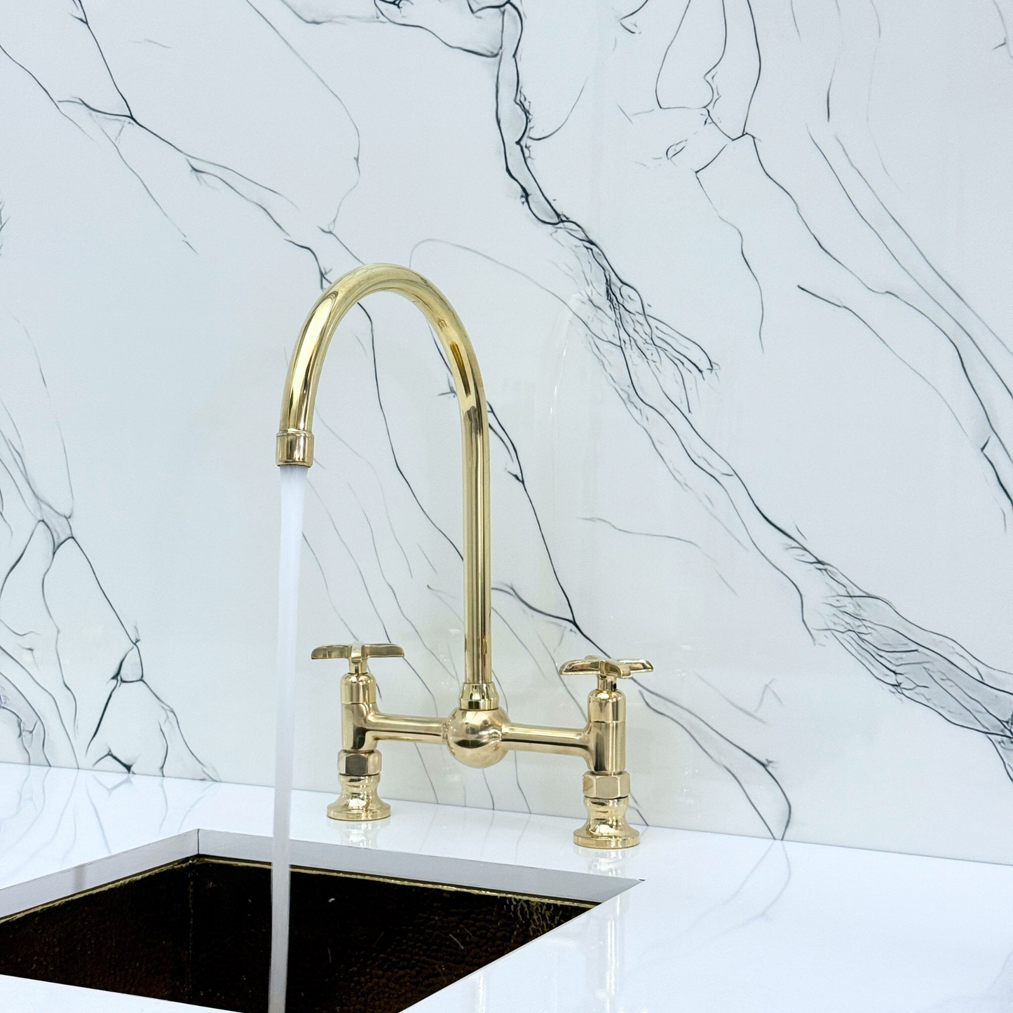 Unlacquered Brass Bridge Vintage Kitchen Faucet with Ball Center, Sprayer, Cold Water Faucet and Cross Handles