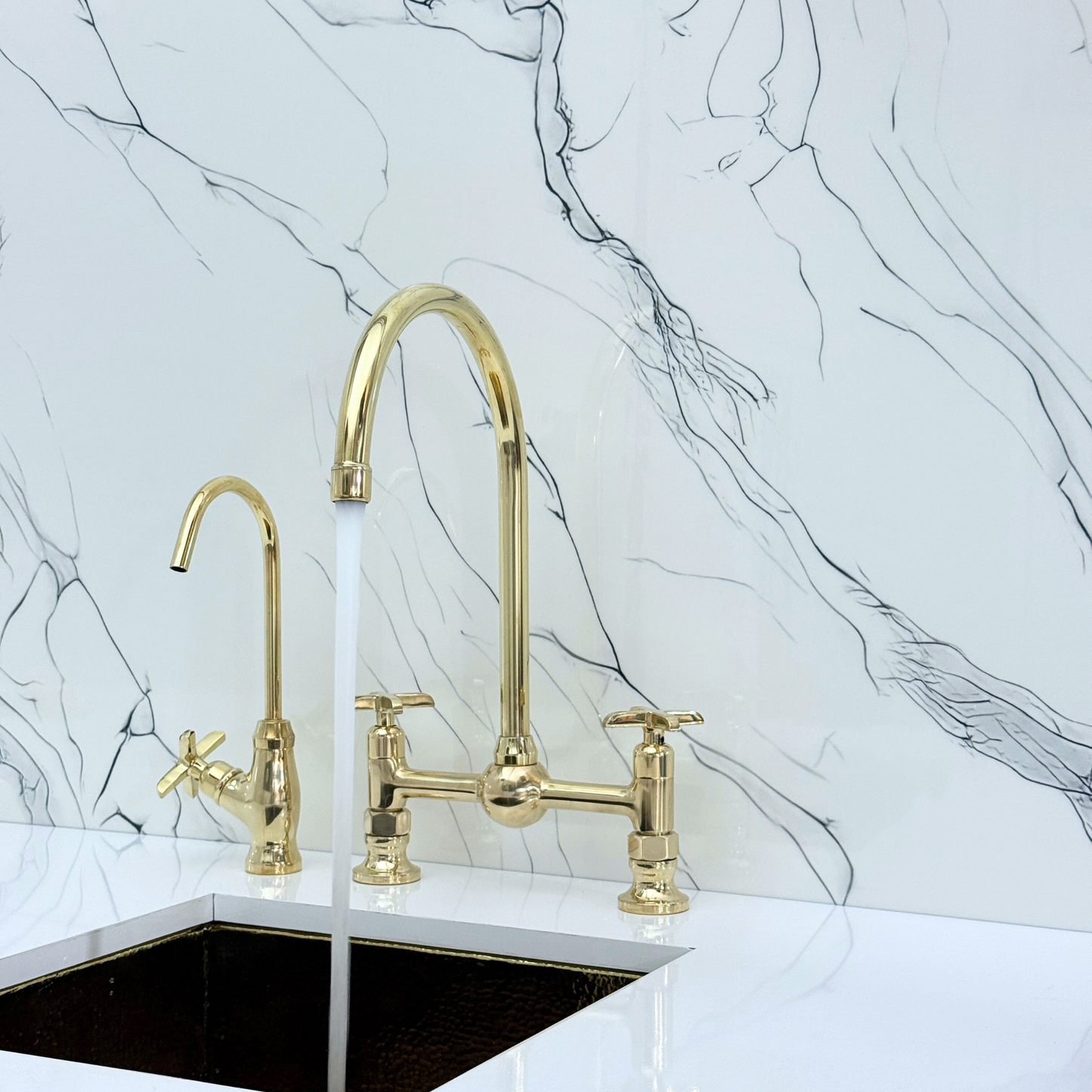 Unlacquered Brass Bridge Vintage Kitchen Faucet with Ball Center, Sprayer, Cold Water Faucet and Cross Handles