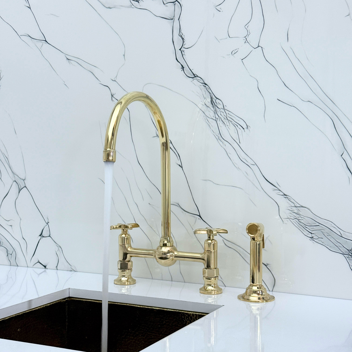 Unlacquered Brass Bridge Vintage Kitchen Faucet with Ball Center, Sprayer, Cold Water Faucet and Cross Handles