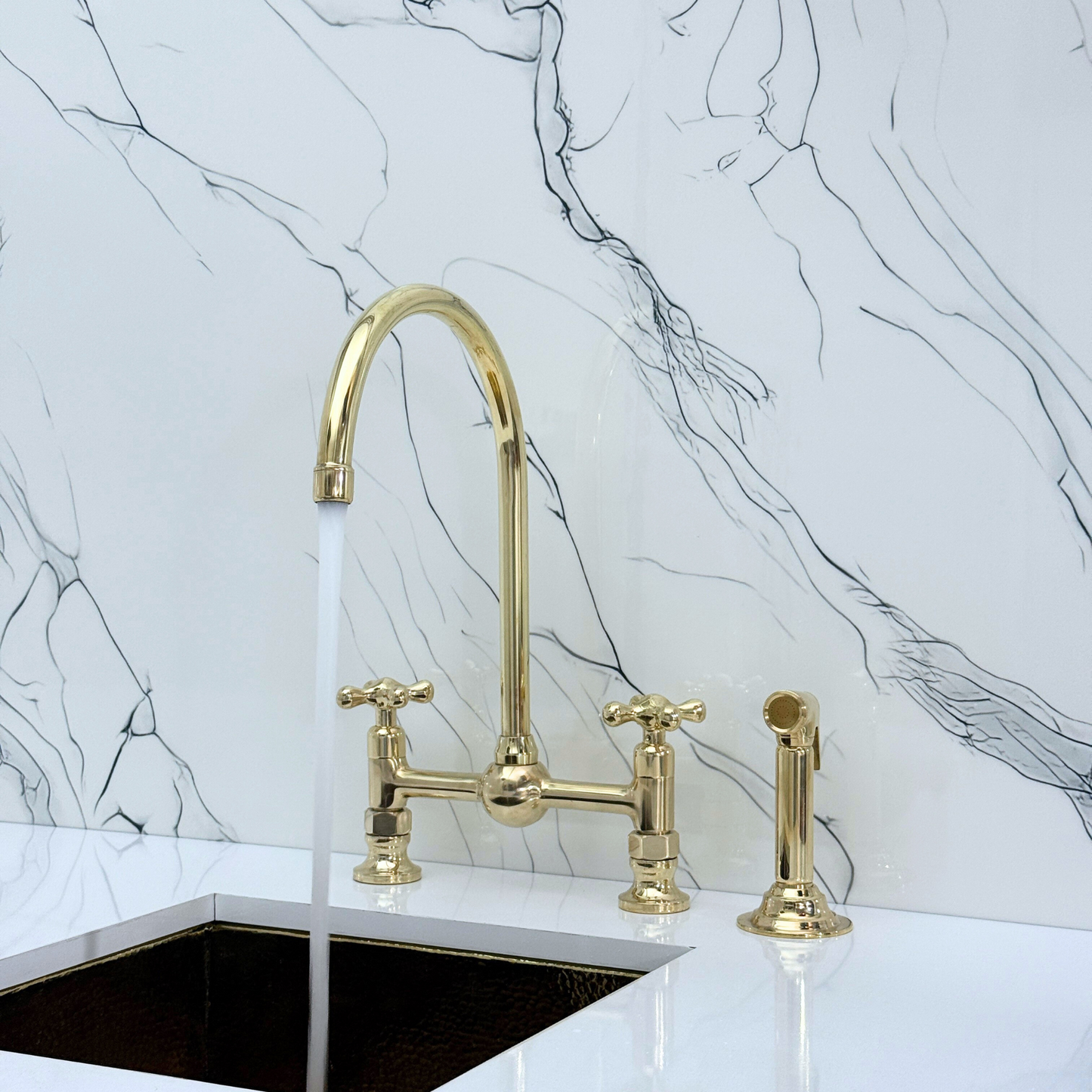 Unlacquered Brass Bridge Vintage Kitchen Faucet with Ball Center, Sprayer, Cold Water Faucet and Cross Handles