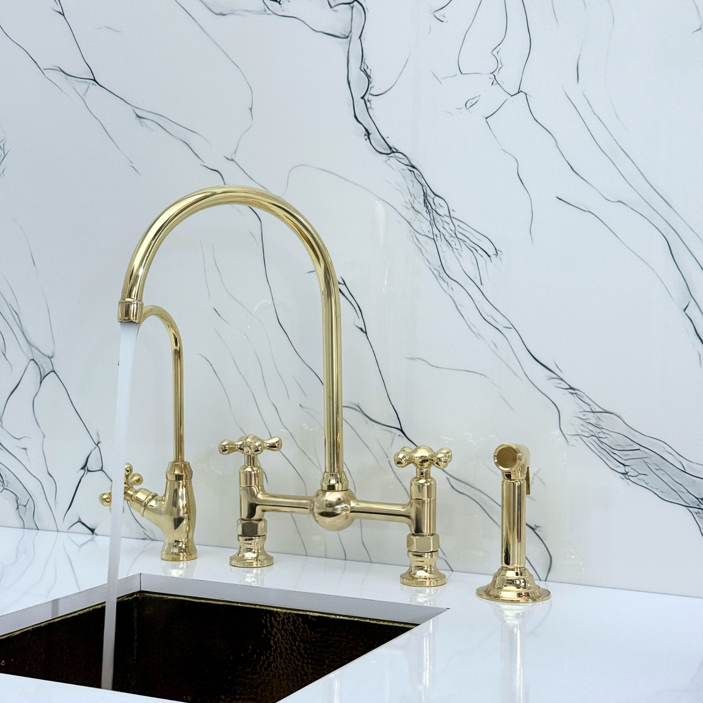 Unlacquered Brass Bridge Vintage Kitchen Faucet with Ball Center, Sprayer, Cold Water Faucet and Cross Handles