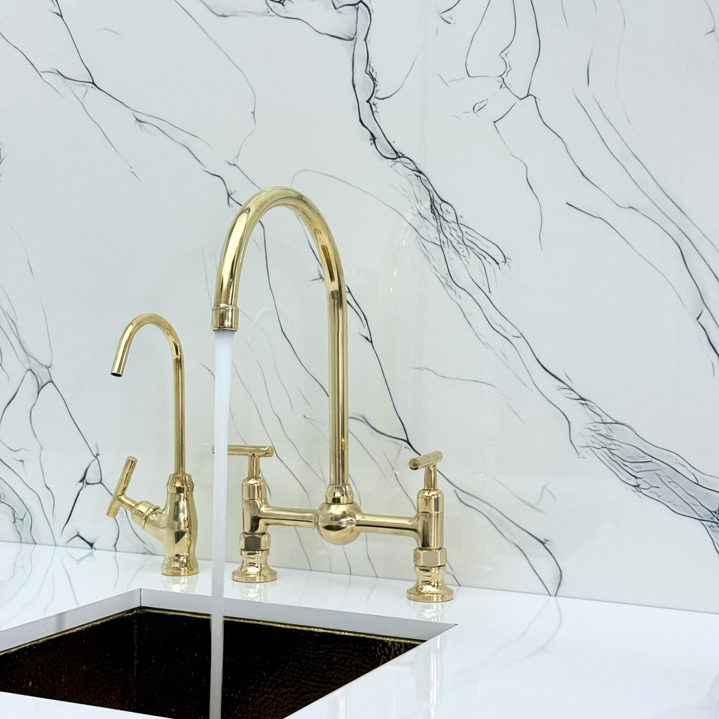 Unlacquered Brass Bridge Vintage Kitchen Faucet with Ball Center, Sprayer, Cold Water Faucet and Lever Handles