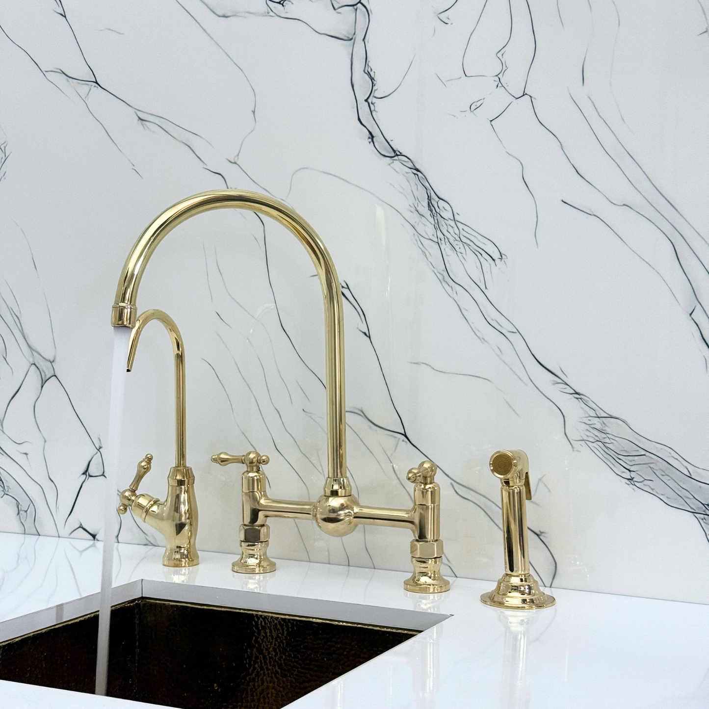 Unlacquered Brass Bridge Vintage Kitchen Faucet with Ball Center, Sprayer, Cold Water Faucet and Lever Handles