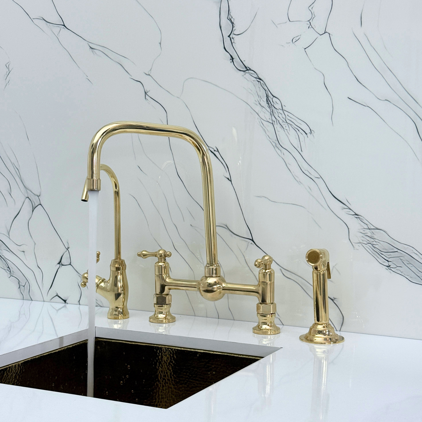 Unlacquered Brass Classic Bridge Faucet with Ball Center, Sprayer, Cold Water Faucet and Lever Handles