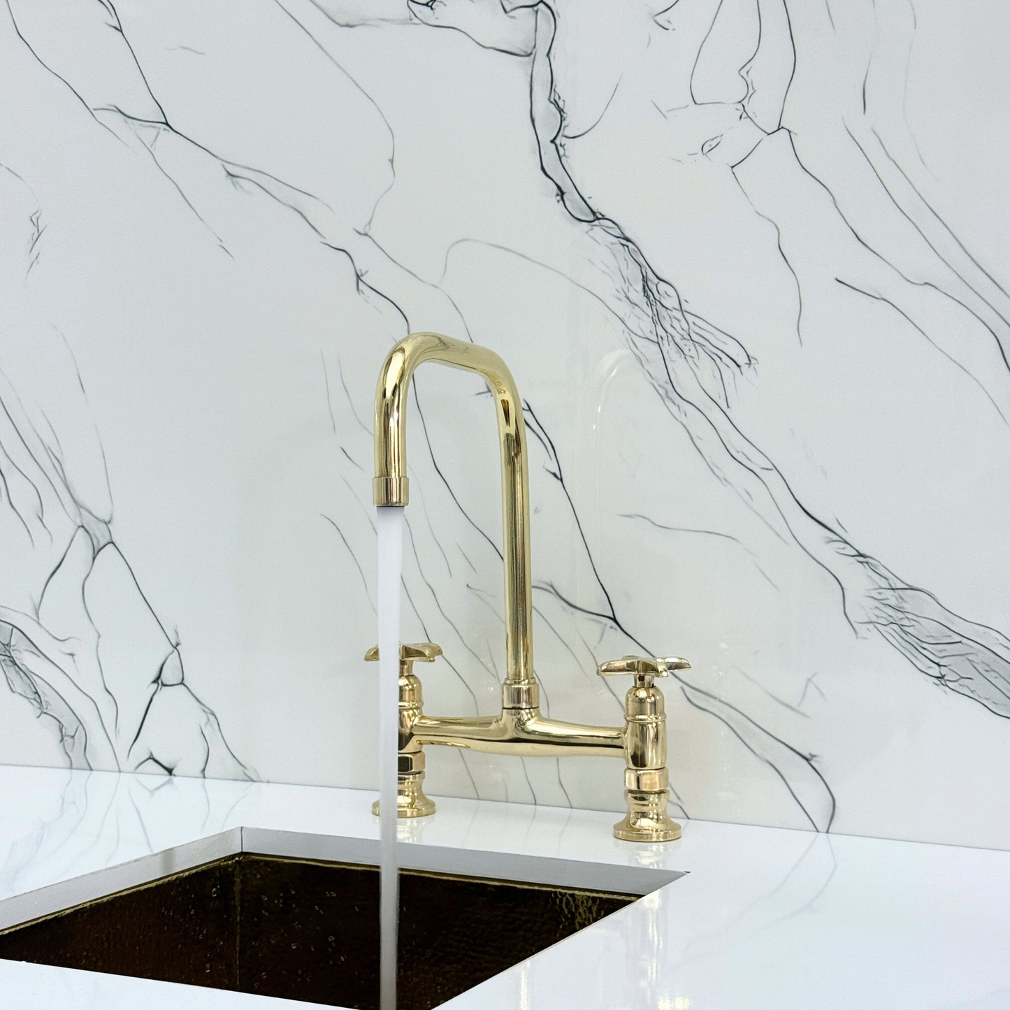 Unlacquered Brass Classic Bridge Faucet with Cold Water Faucet, Sprayer, and Cross Handles