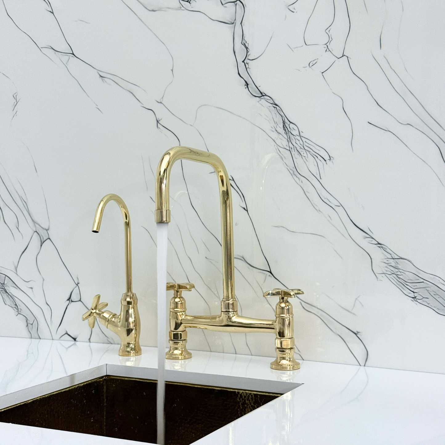 Unlacquered Brass Classic Bridge Faucet with Cold Water Faucet, Sprayer, and Cross Handles