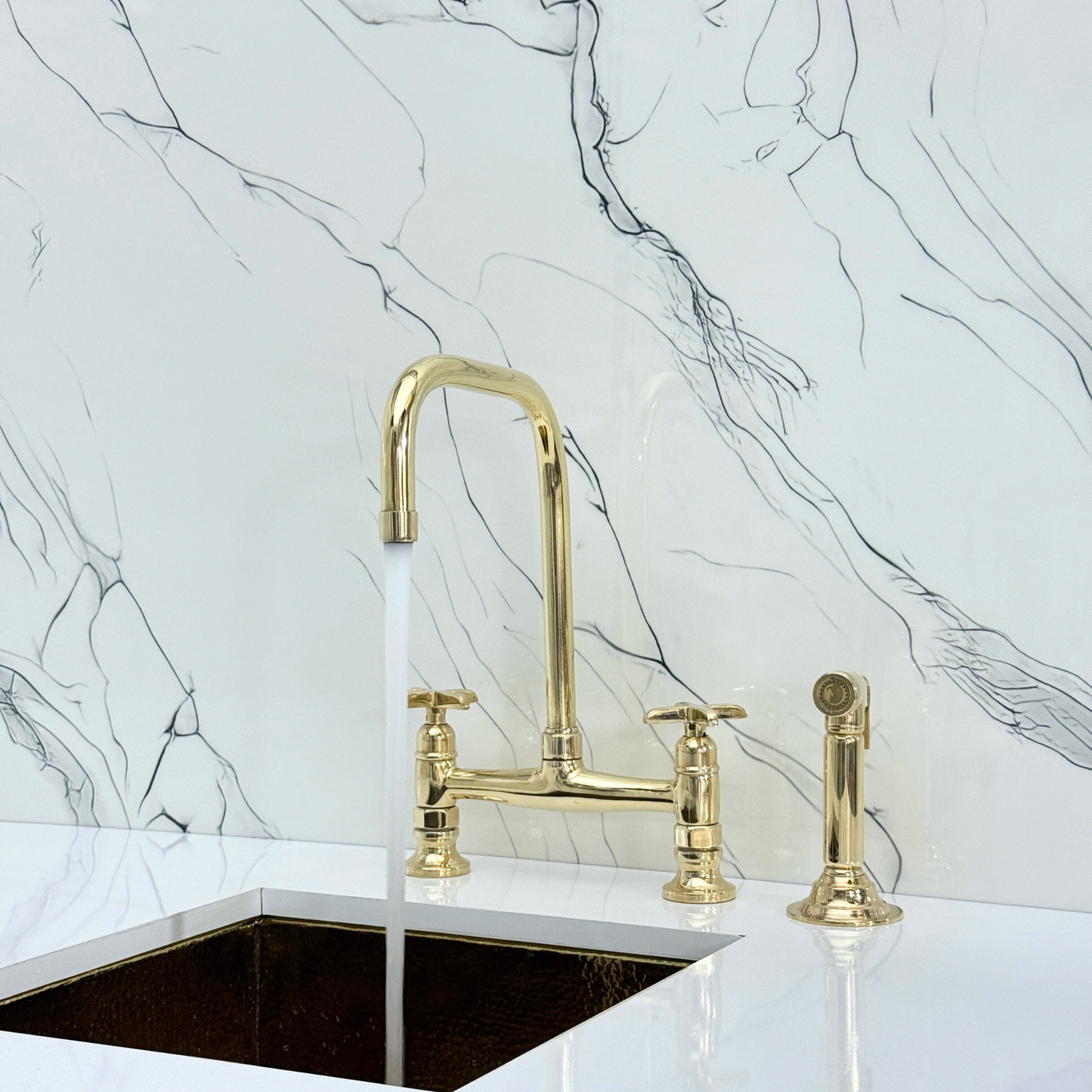 Unlacquered Brass Classic Bridge Faucet with Cold Water Faucet, Sprayer, and Cross Handles