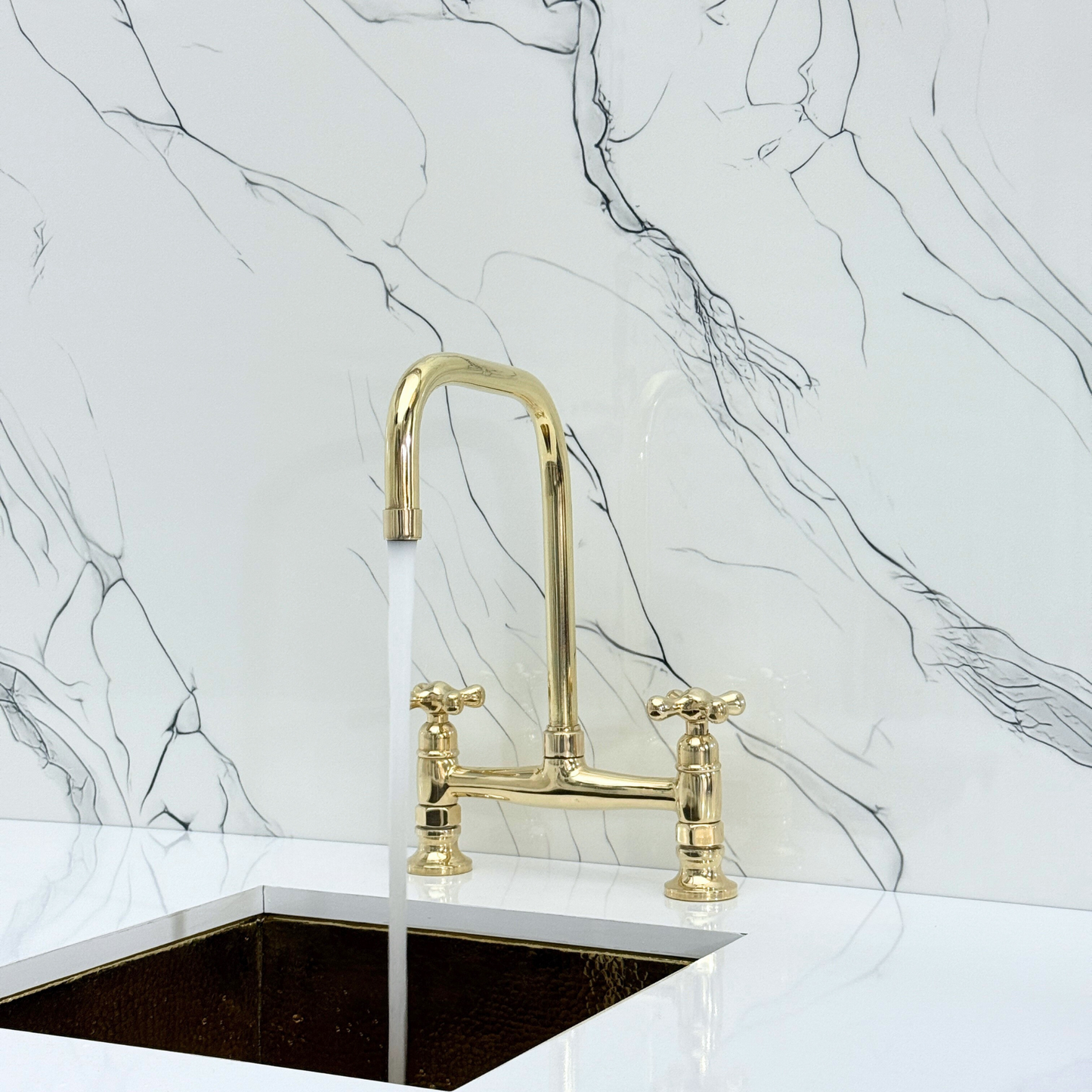 Unlacquered Brass Classic Bridge Faucet with Cold Water Faucet, Sprayer, and Cross Handles
