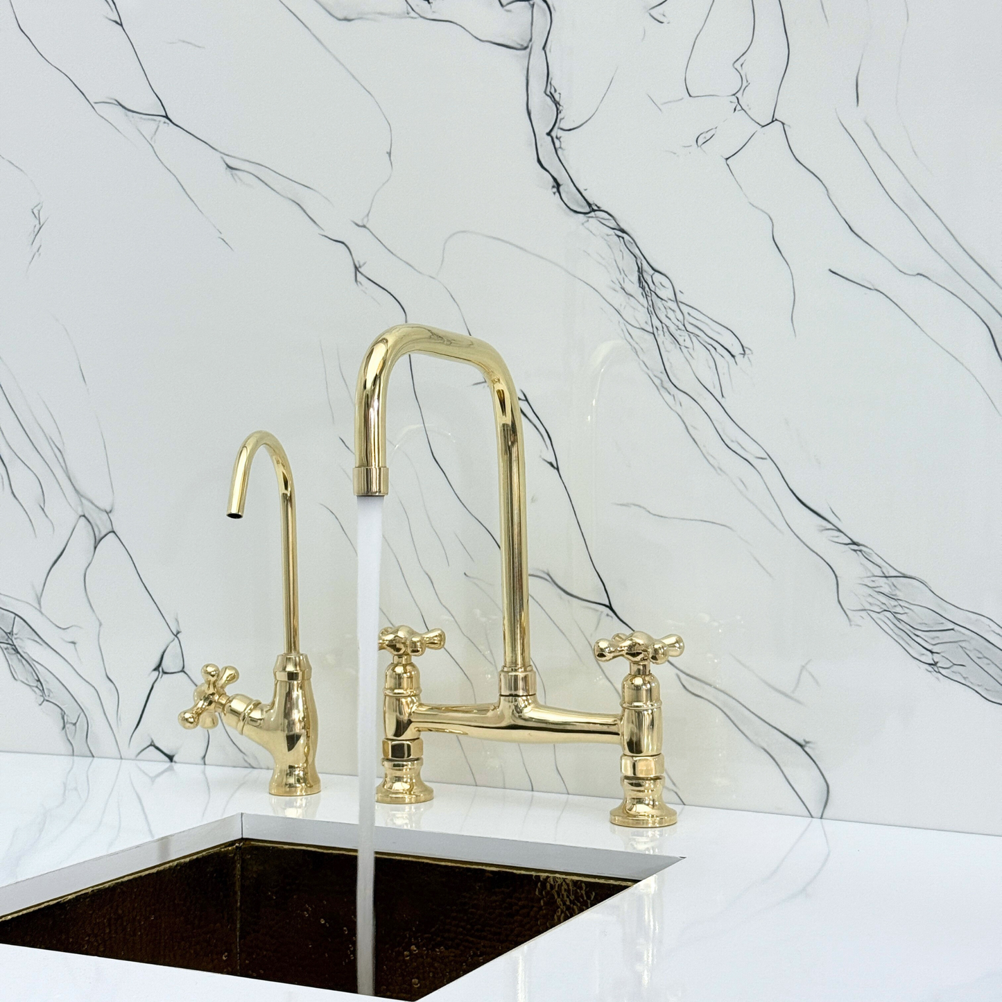 Unlacquered Brass Classic Bridge Faucet with Cold Water Faucet, Sprayer, and Cross Handles