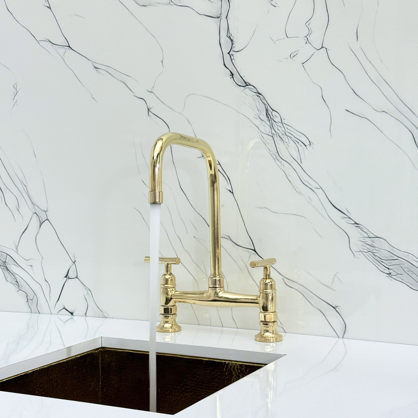Unlacquered Brass Classic Bridge Faucet with Cold Water Faucet, Sprayer, and Lever Handles
