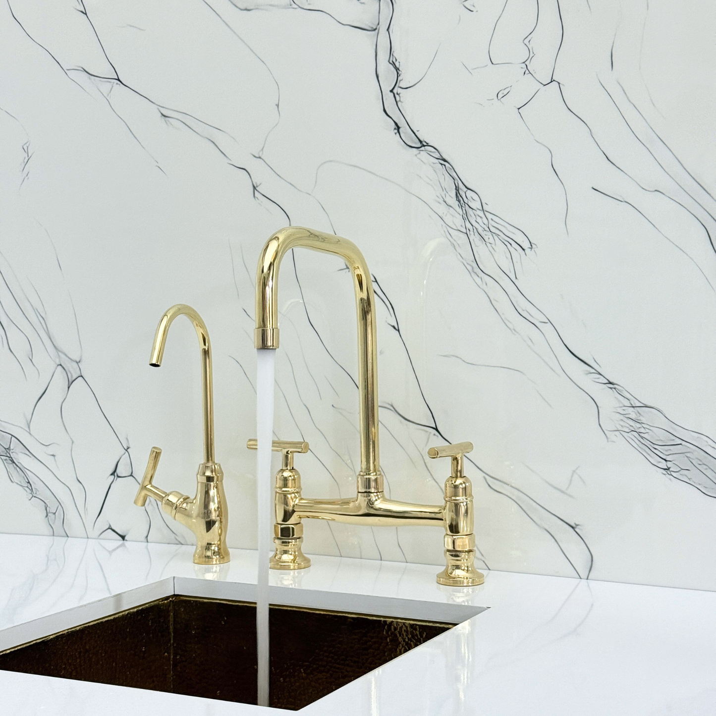 Unlacquered Brass Classic Bridge Faucet with Cold Water Faucet, Sprayer, and Lever Handles