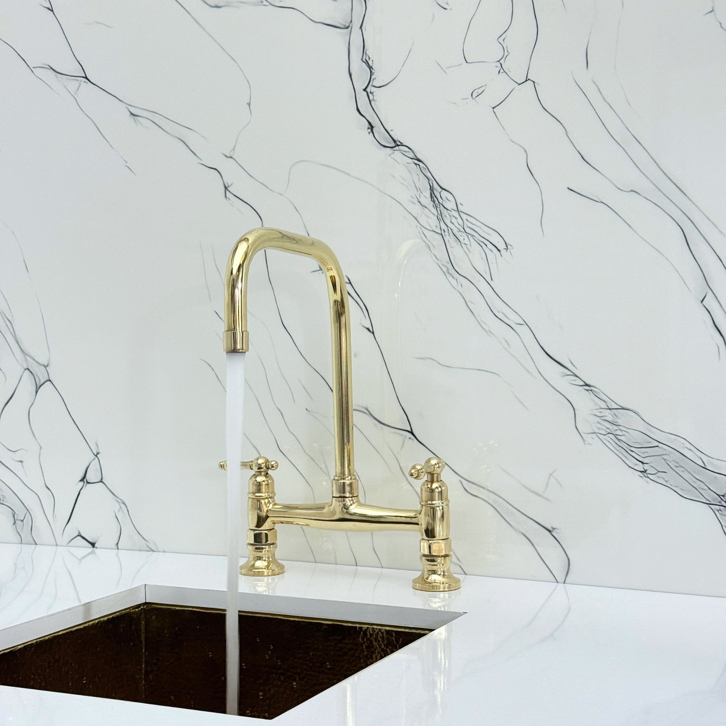 Unlacquered Brass Classic Bridge Faucet with Cold Water Faucet, Sprayer, and Lever Handles