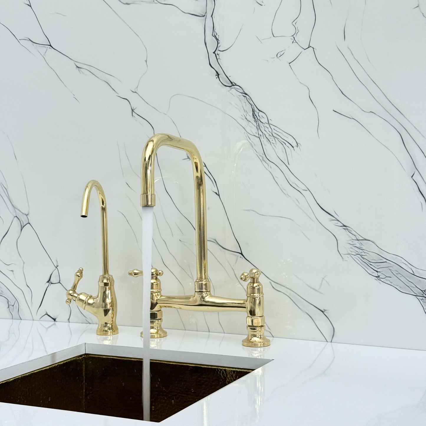 Unlacquered Brass Classic Bridge Faucet with Cold Water Faucet, Sprayer, and Lever Handles