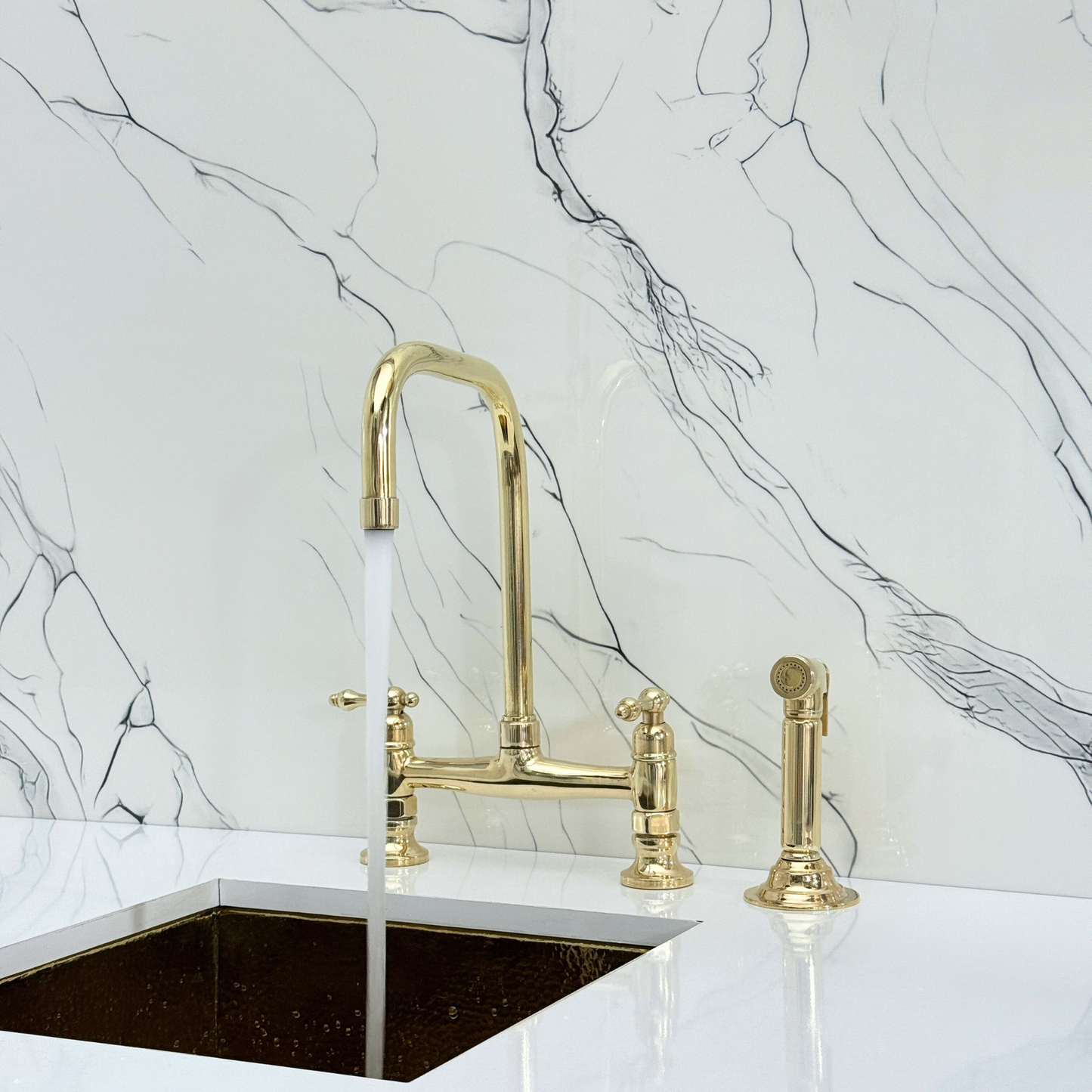 Unlacquered Brass Classic Bridge Faucet with Cold Water Faucet, Sprayer, and Lever Handles