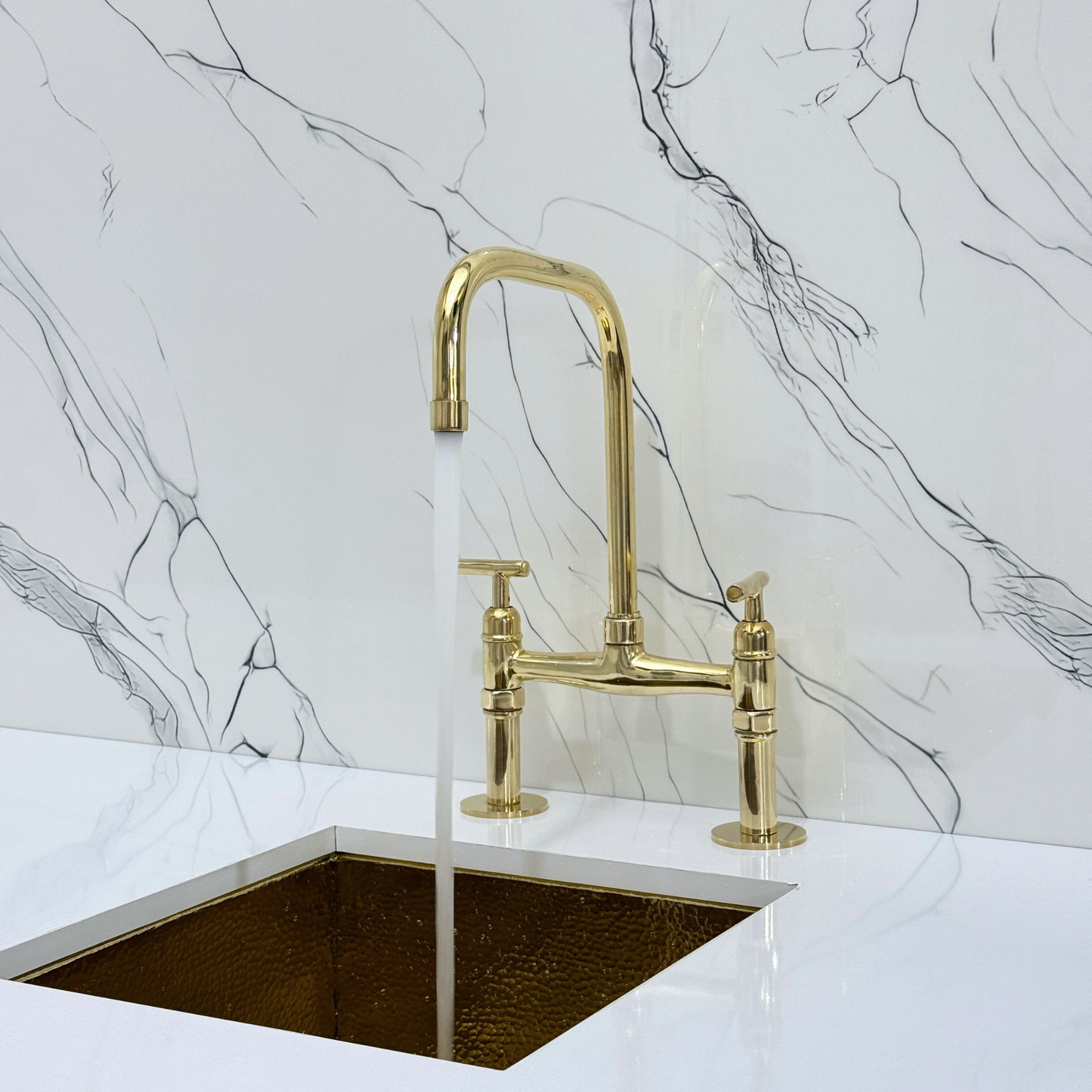 Unlacquered Brass Classic Bridge Faucet with Sprayer, Cold Water Faucet and Lever Handles