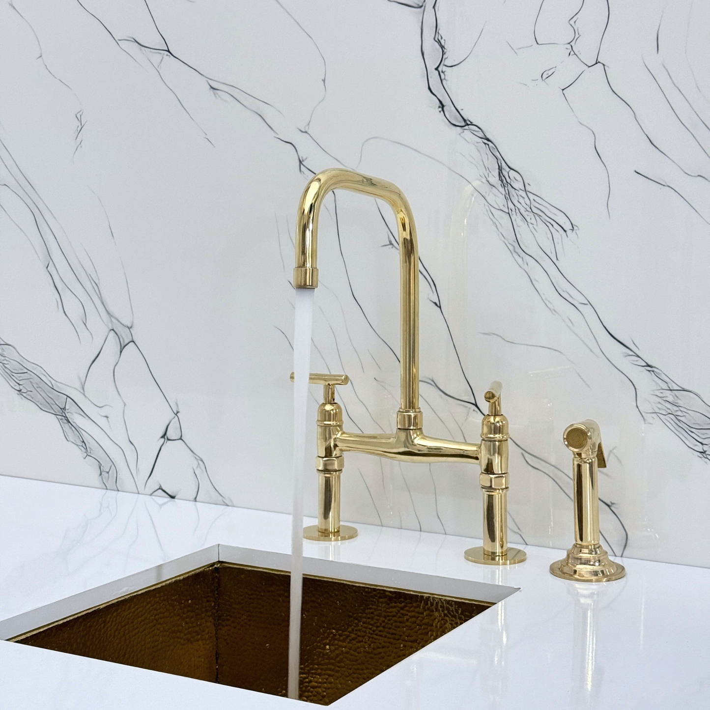 Unlacquered Brass Classic Bridge Faucet with Sprayer, Cold Water Faucet and Lever Handles