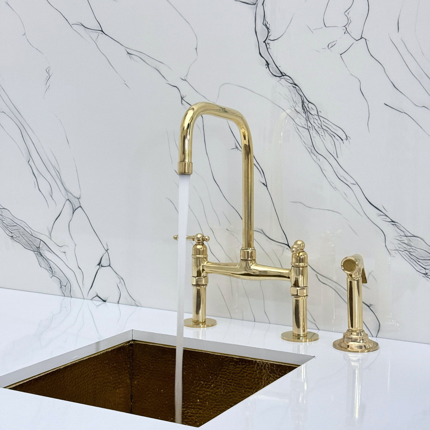 Unlacquered Brass Classic Bridge Faucet with Sprayer, Cold Water Faucet and Lever Handles