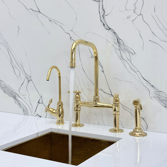 Unlacquered Brass Classic Bridge Faucet with Sprayer, Cold Water Faucet and Lever Handles