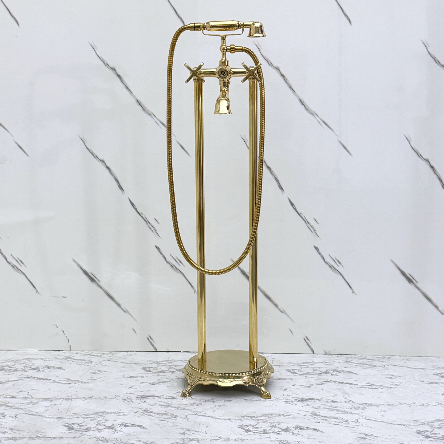 Unlacquered Brass Freestanding Bathtub Faucet, Solid Brass Clawfoot Tub Filler with Handheld Shower Head, Diverter and Cross Handles