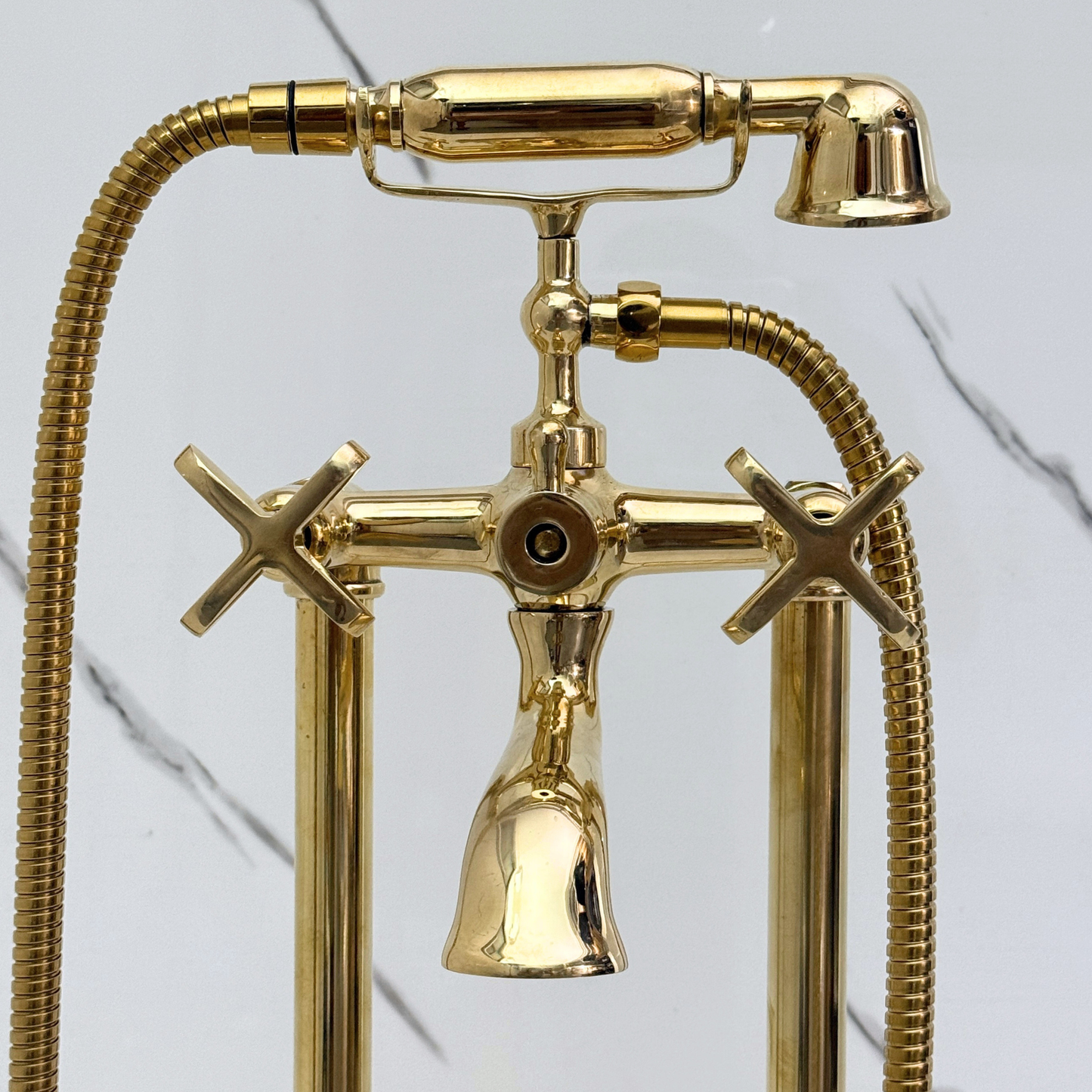 Unlacquered Brass Freestanding Bathtub Faucet, Solid Brass Tub Filler with Handheld Shower Head, Diverter and Cross Handles