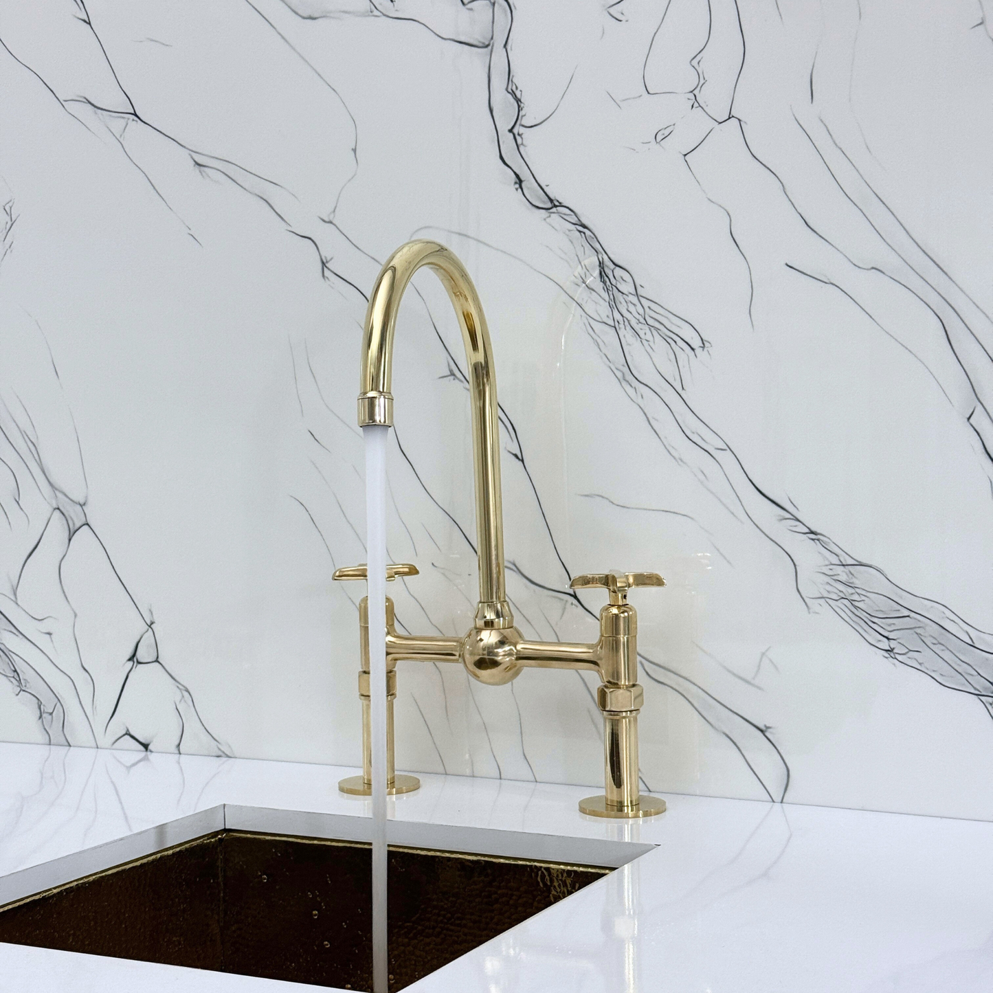 Unlacquered Brass Kitchen Bridge Faucet with Ball Center, Sprayer, Cold Water Faucet, Straight Legs and Cross Handles