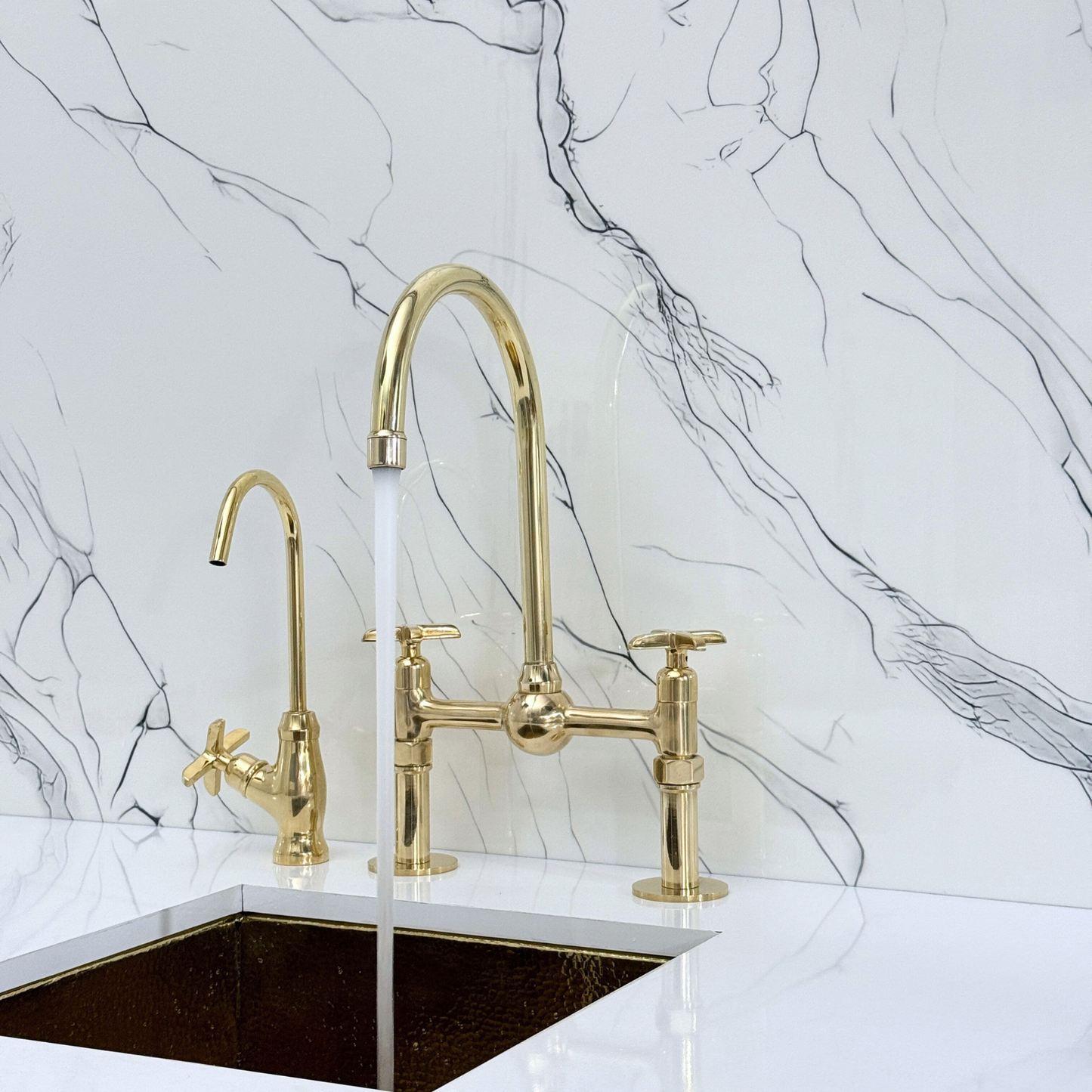 Unlacquered Brass Kitchen Bridge Faucet with Ball Center, Sprayer, Cold Water Faucet, Straight Legs and Cross Handles