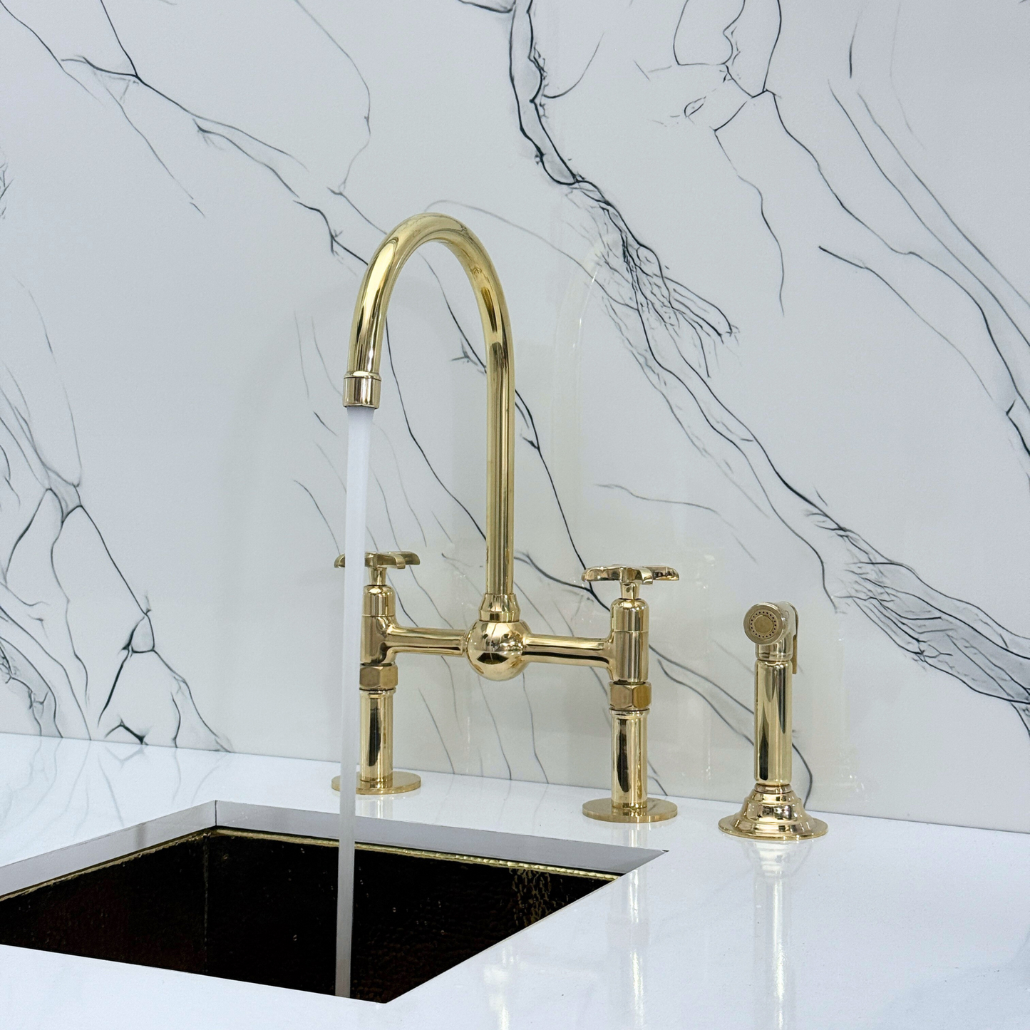 Unlacquered Brass Kitchen Bridge Faucet with Ball Center, Sprayer, Cold Water Faucet, Straight Legs and Cross Handles