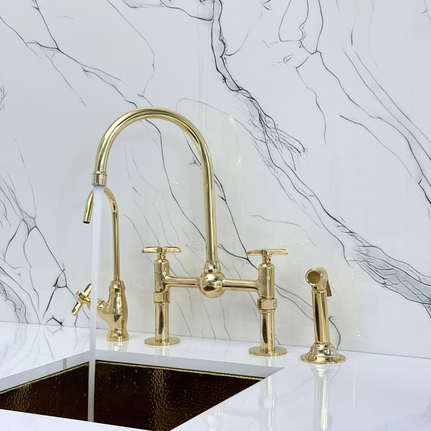 Unlacquered Brass Kitchen Bridge Faucet with Ball Center, Sprayer, Cold Water Faucet, Straight Legs and Cross Handles