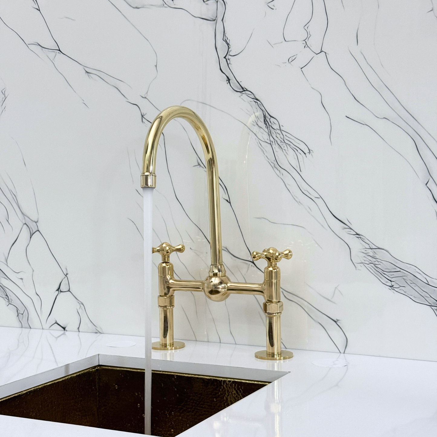 Unlacquered Brass Kitchen Bridge Faucet with Ball Center, Sprayer, Cold Water Faucet, Straight Legs and Cross Handles
