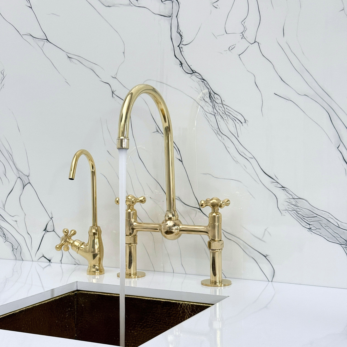 Unlacquered Brass Kitchen Bridge Faucet with Ball Center, Sprayer, Cold Water Faucet, Straight Legs and Cross Handles