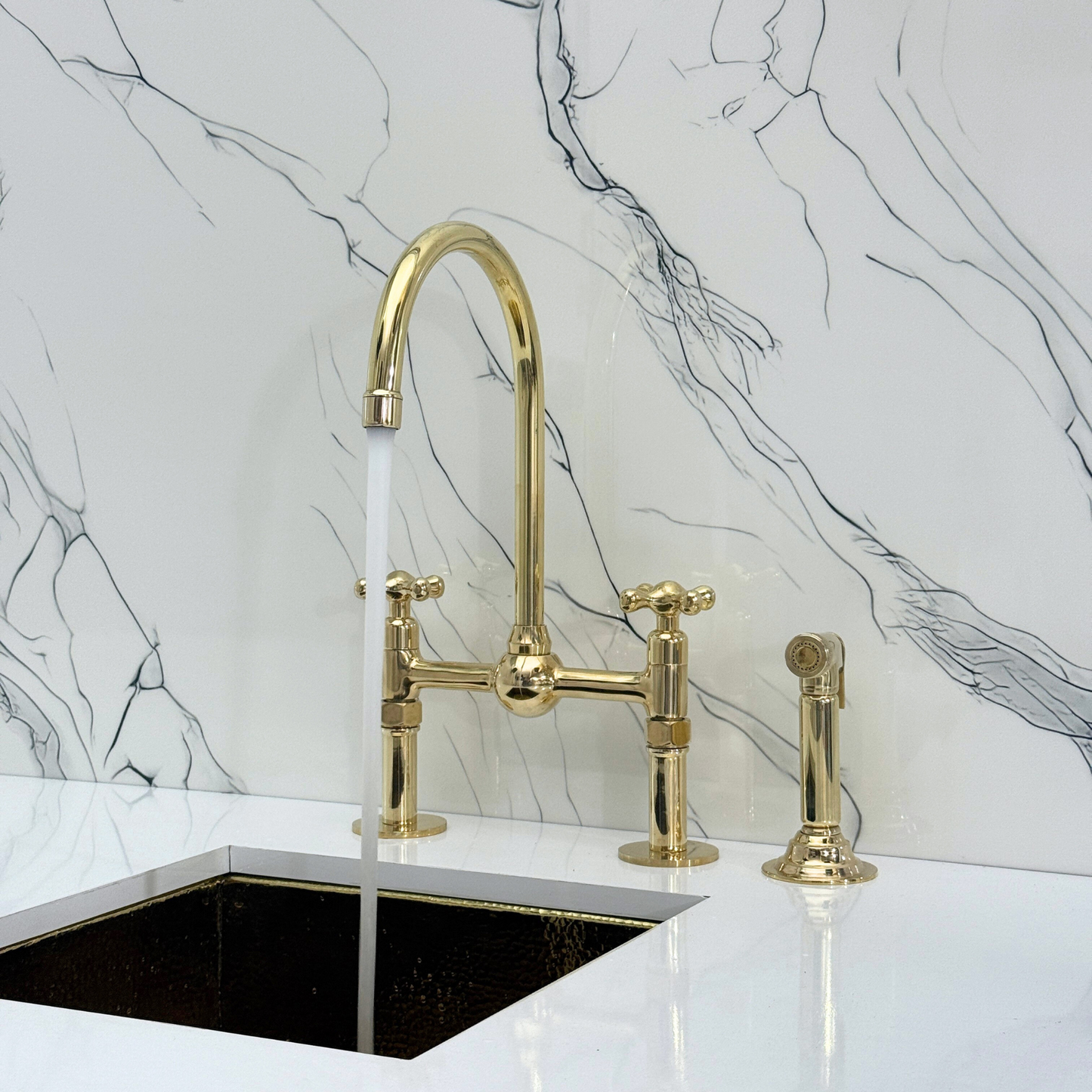 Unlacquered Brass Kitchen Bridge Faucet with Ball Center, Sprayer, Cold Water Faucet, Straight Legs and Cross Handles