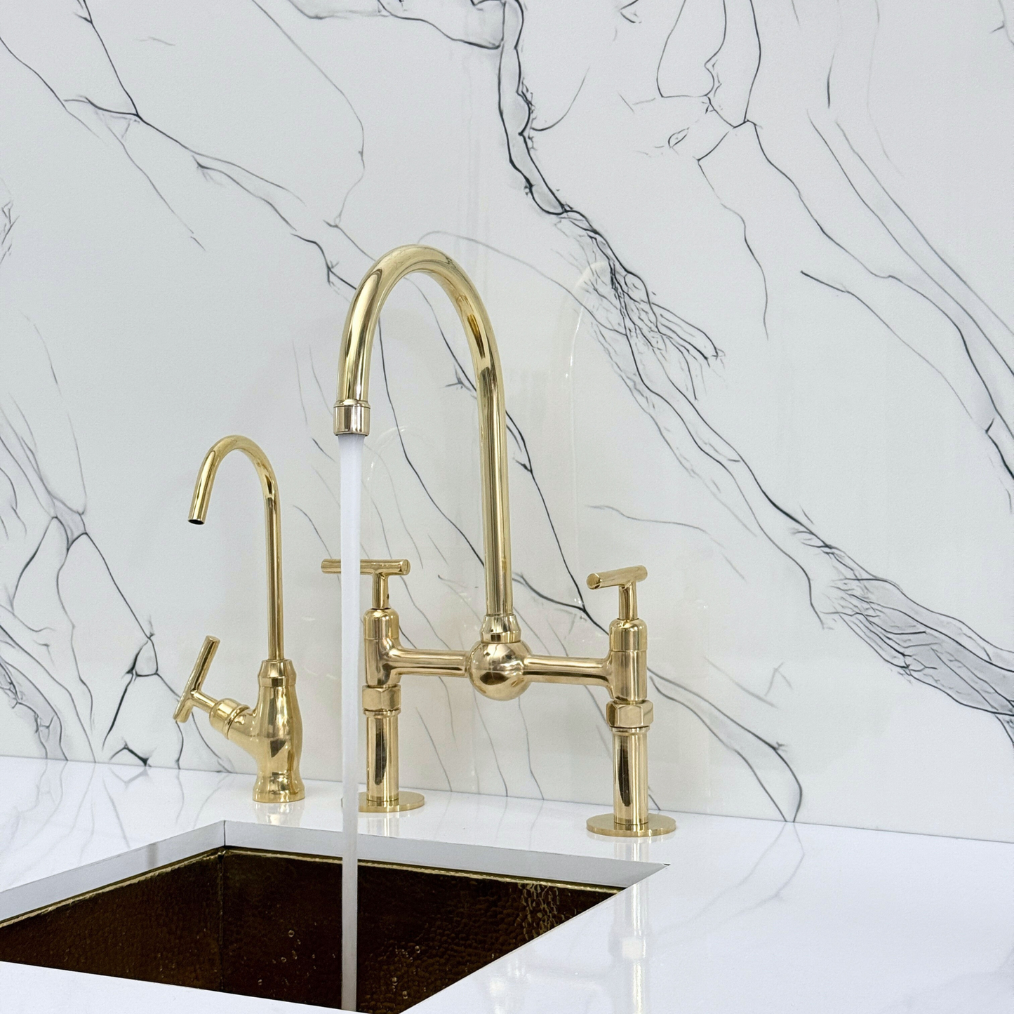 Unlacquered Brass Kitchen Bridge Faucet with Ball Center, Sprayer, Cold Water Faucet, Straight Legs and Lever Handles