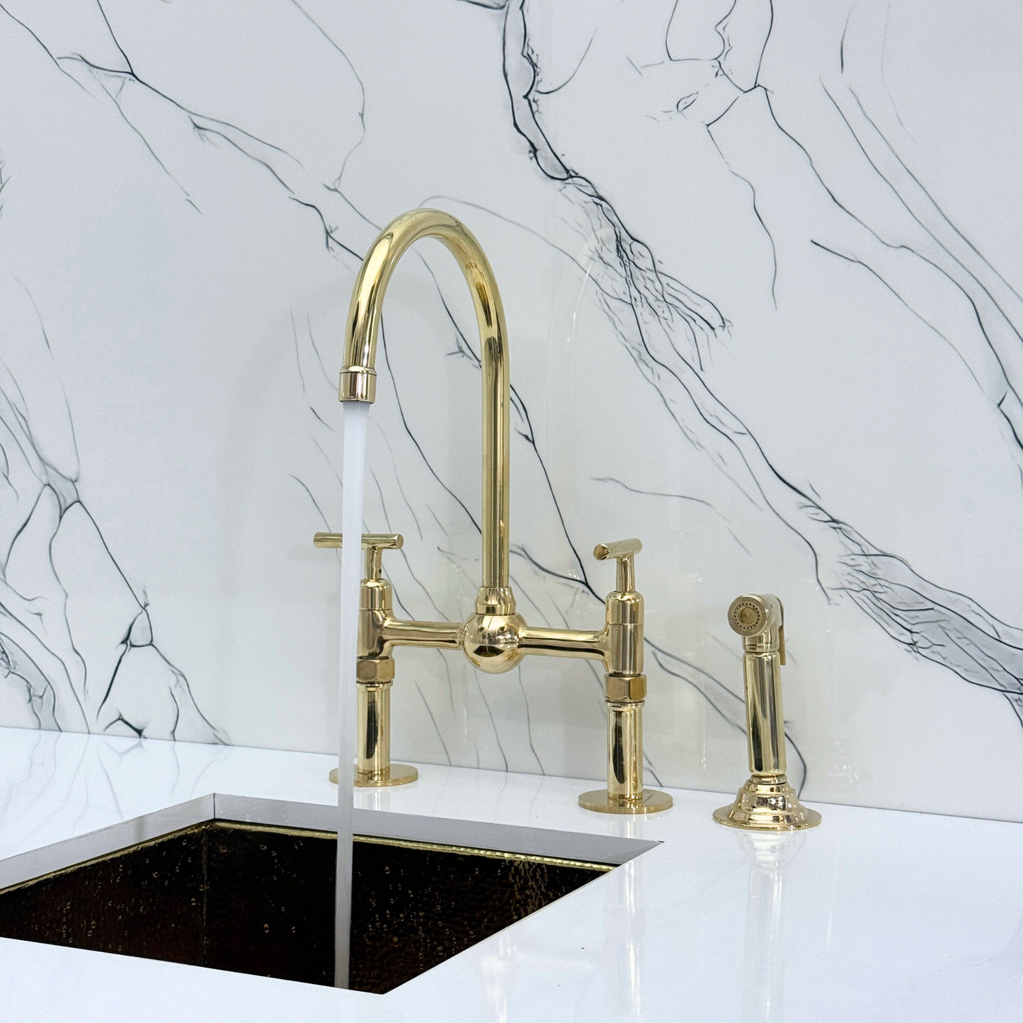 Unlacquered Brass Kitchen Bridge Faucet with Ball Center, Sprayer, Cold Water Faucet, Straight Legs and Lever Handles
