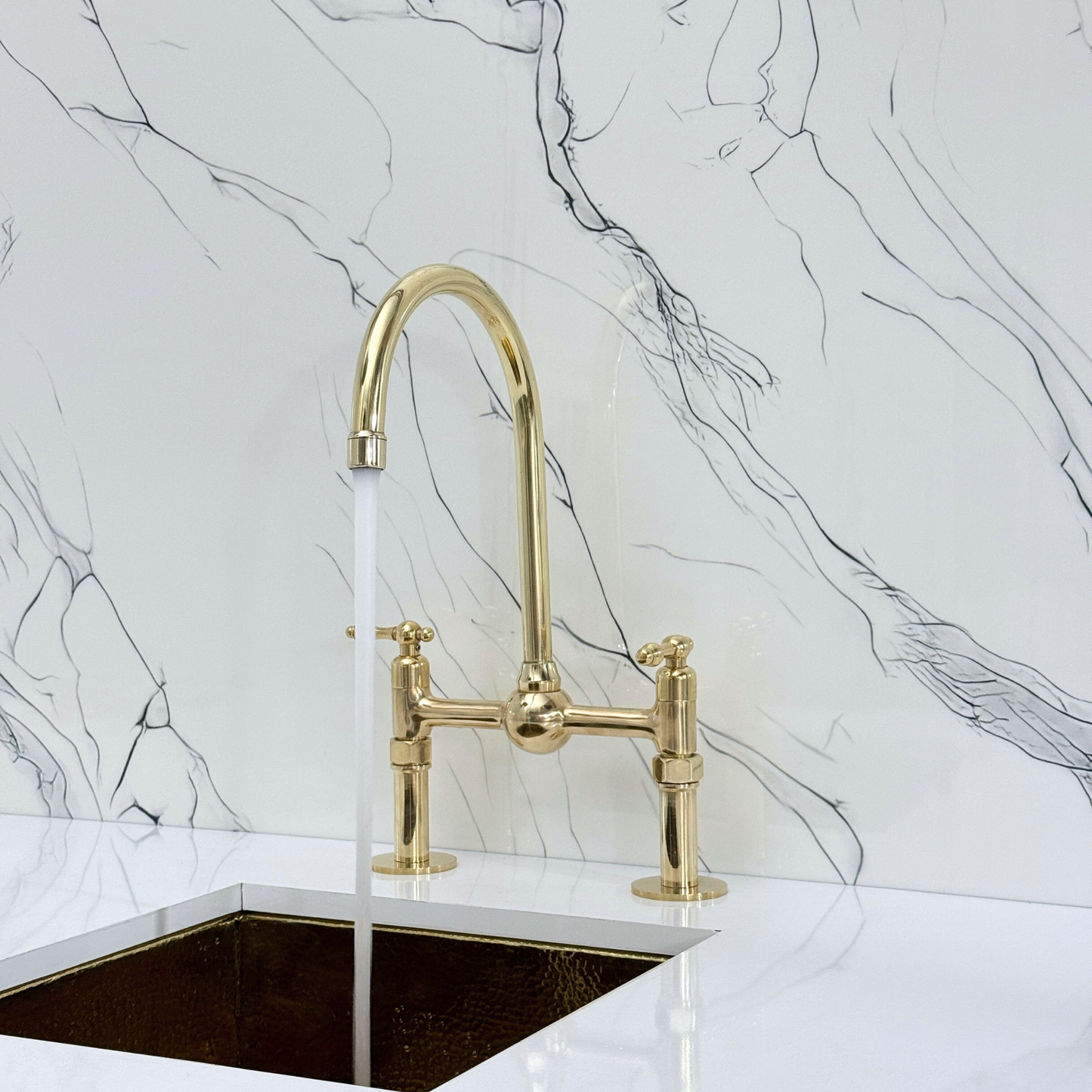 Unlacquered Brass Kitchen Bridge Faucet with Ball Center, Sprayer, Cold Water Faucet, Straight Legs and Lever Handles