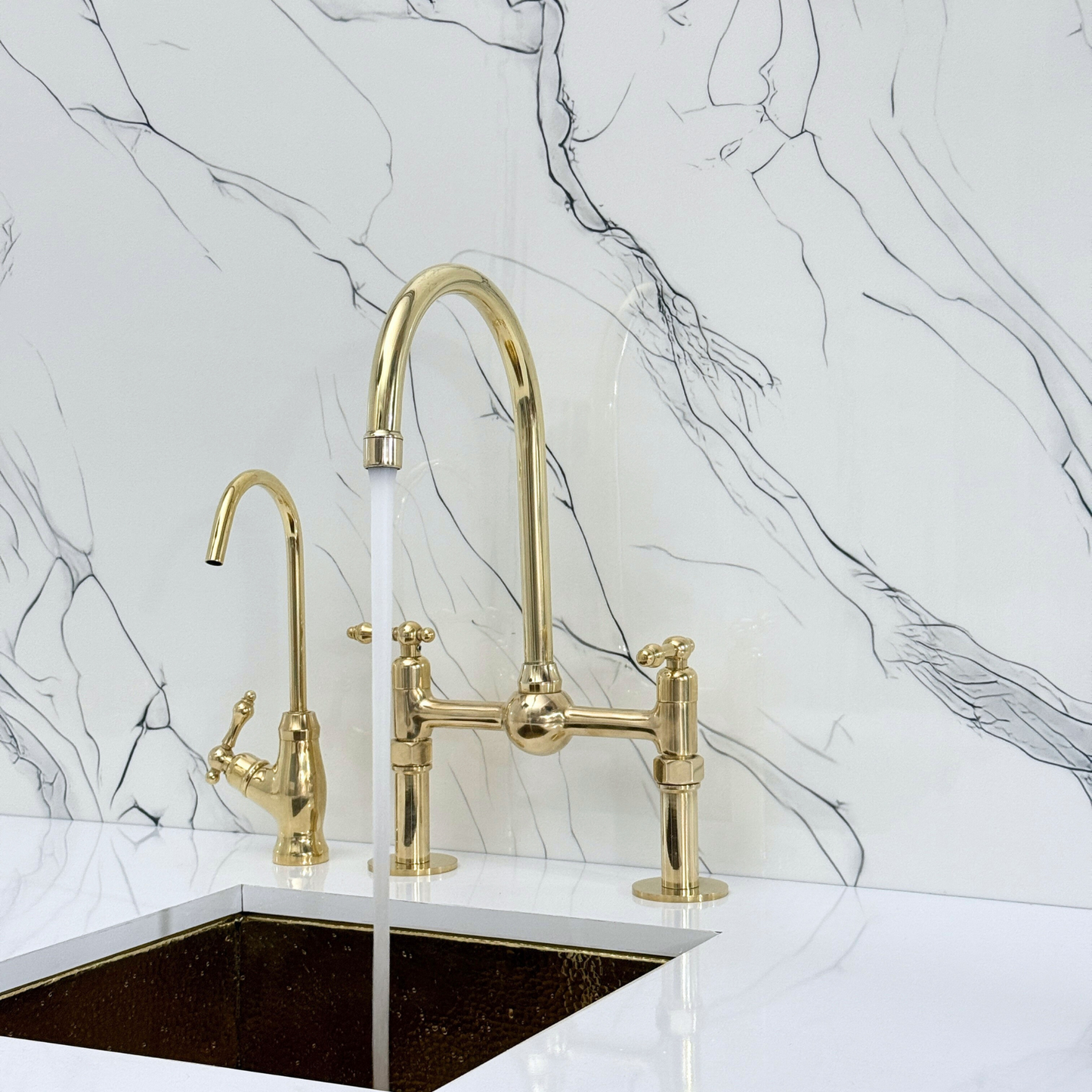 Unlacquered Brass Kitchen Bridge Faucet with Ball Center, Sprayer, Cold Water Faucet, Straight Legs and Lever Handles