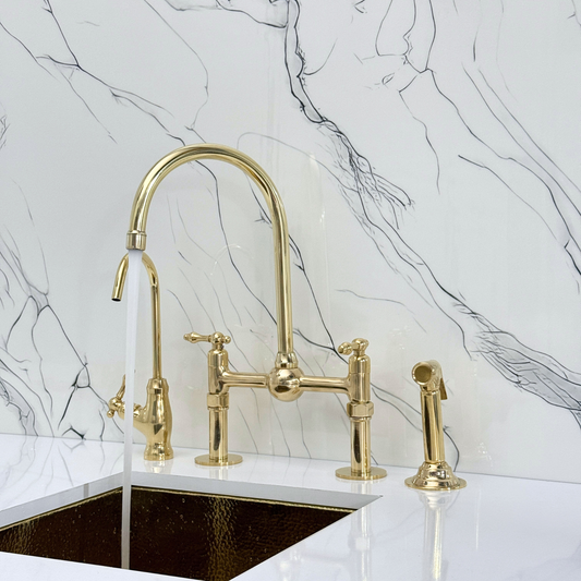 Unlacquered Brass Kitchen Bridge Faucet with Ball Center, Sprayer, Cold Water Faucet, Straight Legs and Lever Handles