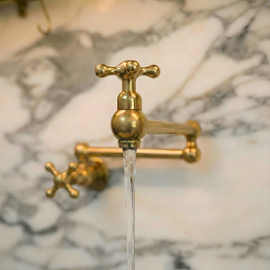 Unlacquered Brass Pot Filler with Cross Handles, Solid Brass Wall Mount Pasta Faucet