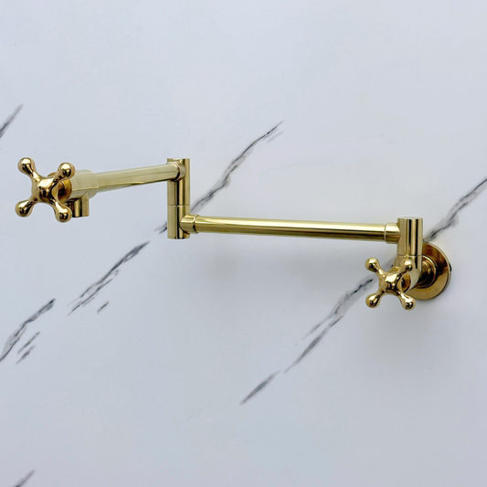 Unlacquered Brass Pot Filler with Cross Handles, Wall Mount Double Joint Swing Arms Brass Pasta Faucet