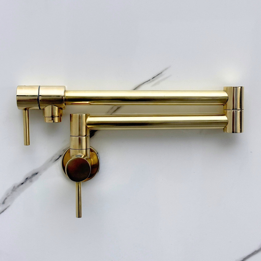 Unlacquered Brass Pot Filler with Lever Handles, Wall Mount Double Joint Swing Arms Solid Brass Pasta Faucet