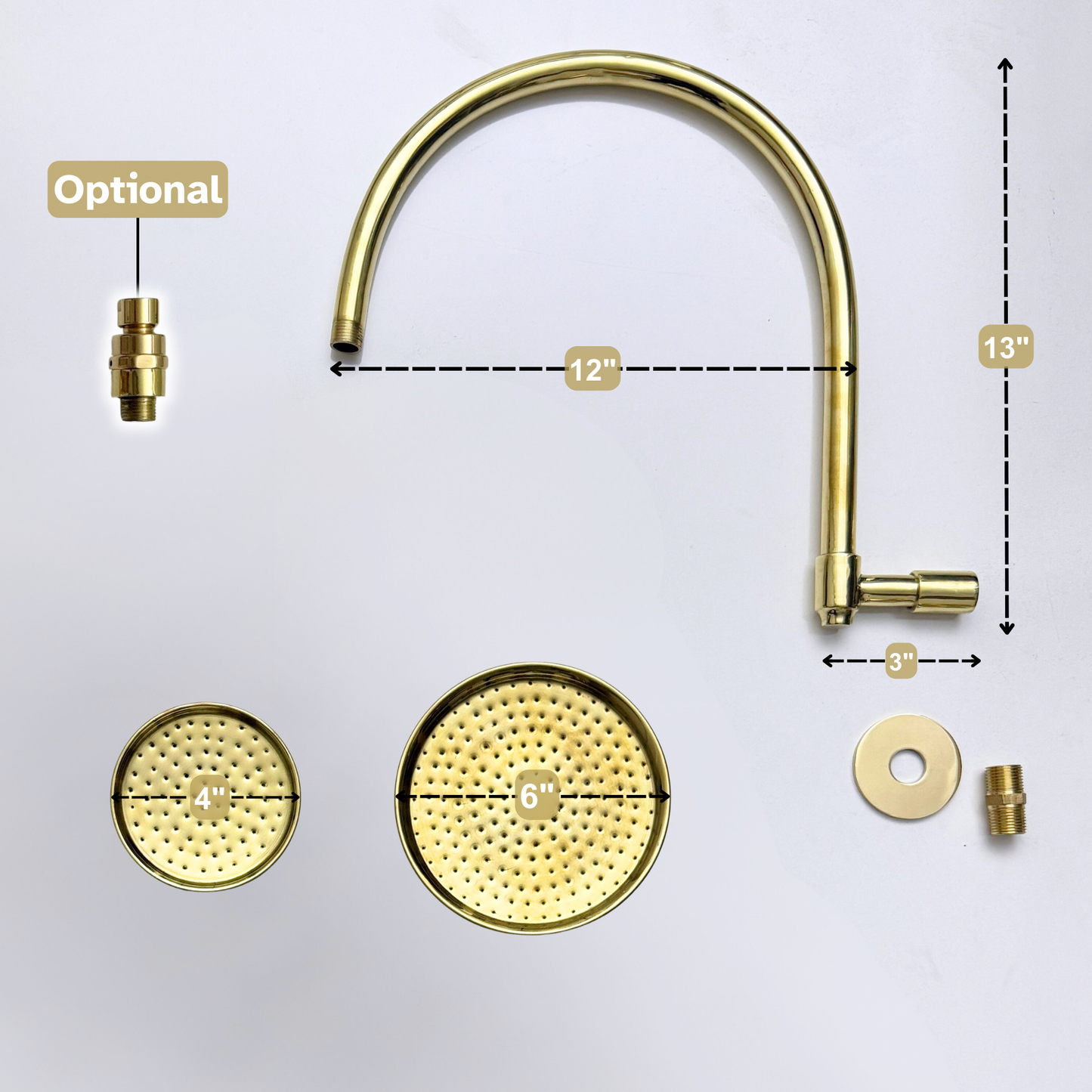 Unlacquered Brass Round Rain Shower Head with Arcuate Arm, Adjustable Brass Shower Head