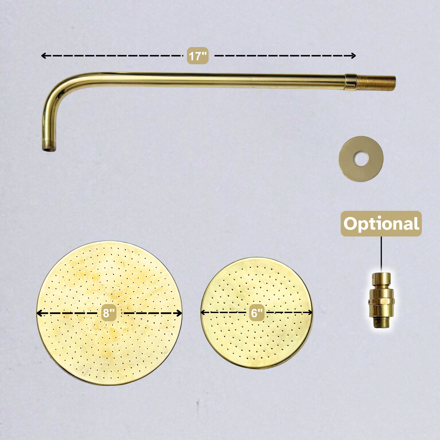 Unlacquered Brass Flat Rain Shower Head with Straight Arm, Adjustable Brass Shower Head