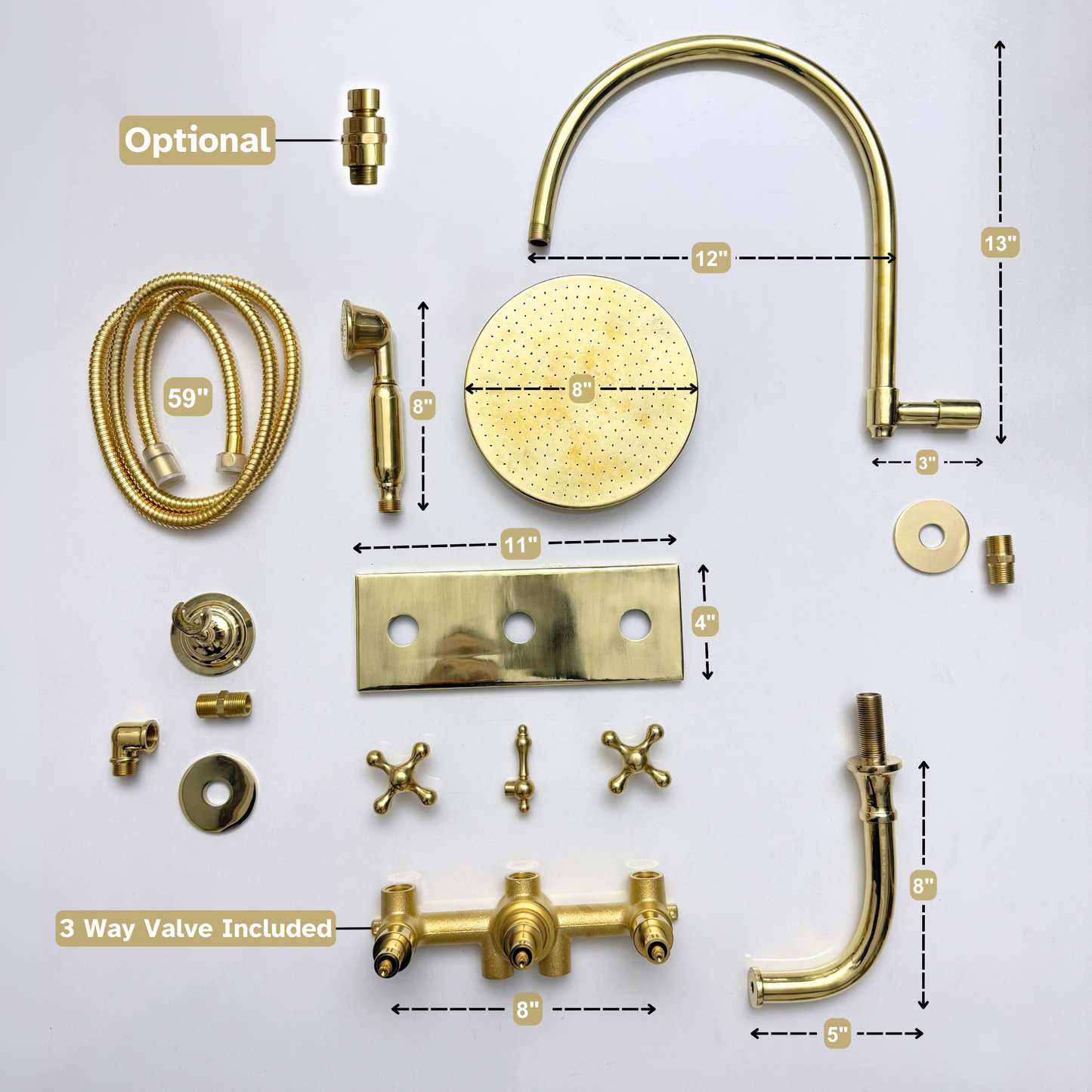 Unlacquered Brass Shower System with Adjustable Flat Round Rain Shower Head, Handheld Shower Head ,Central Brass Plaque, Tub Filler and Cross Handles
