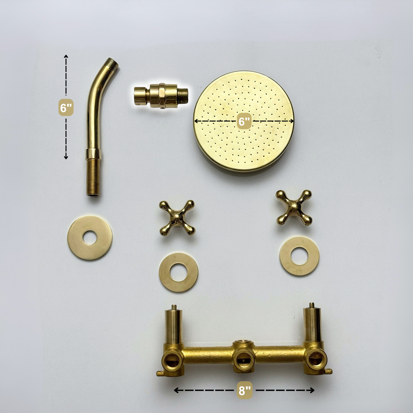 Unlacquered Brass Shower System with Flat Round Rain Adjustable Shower Head, Short Arm and Cross Handles