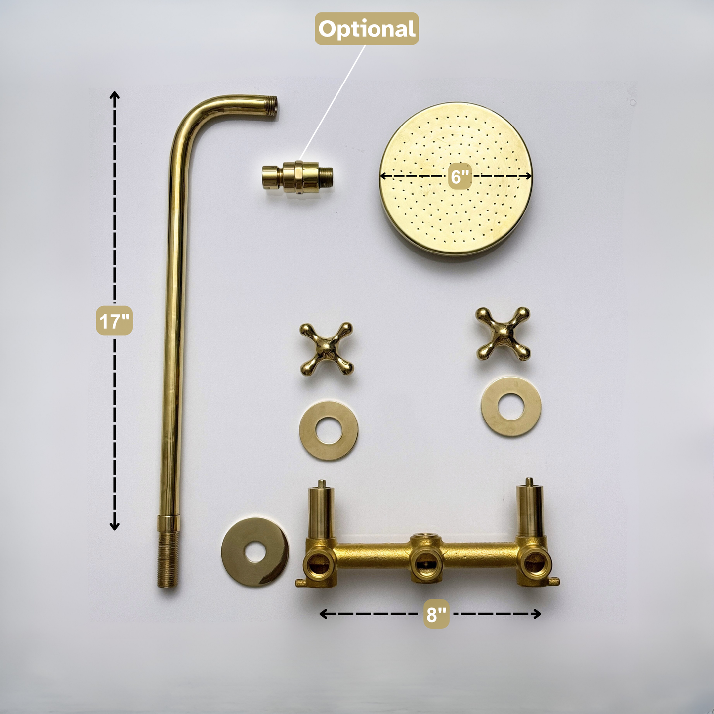 Unlacquered Brass Shower System with Adjustable Flat Round Rain Shower Head, Straight Arm and Cross Handles