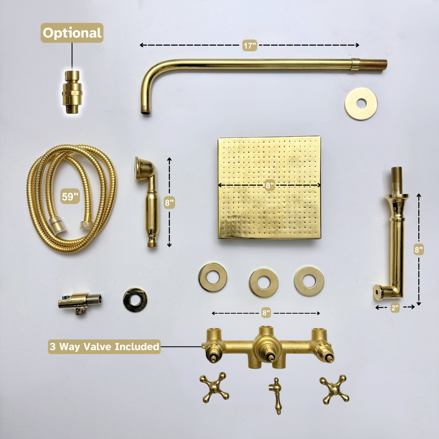 Unlacquered Brass Shower System with Adjustable Flat Square Rain Shower Head, Handheld Shower Head, Tub Filler and Cross Handles