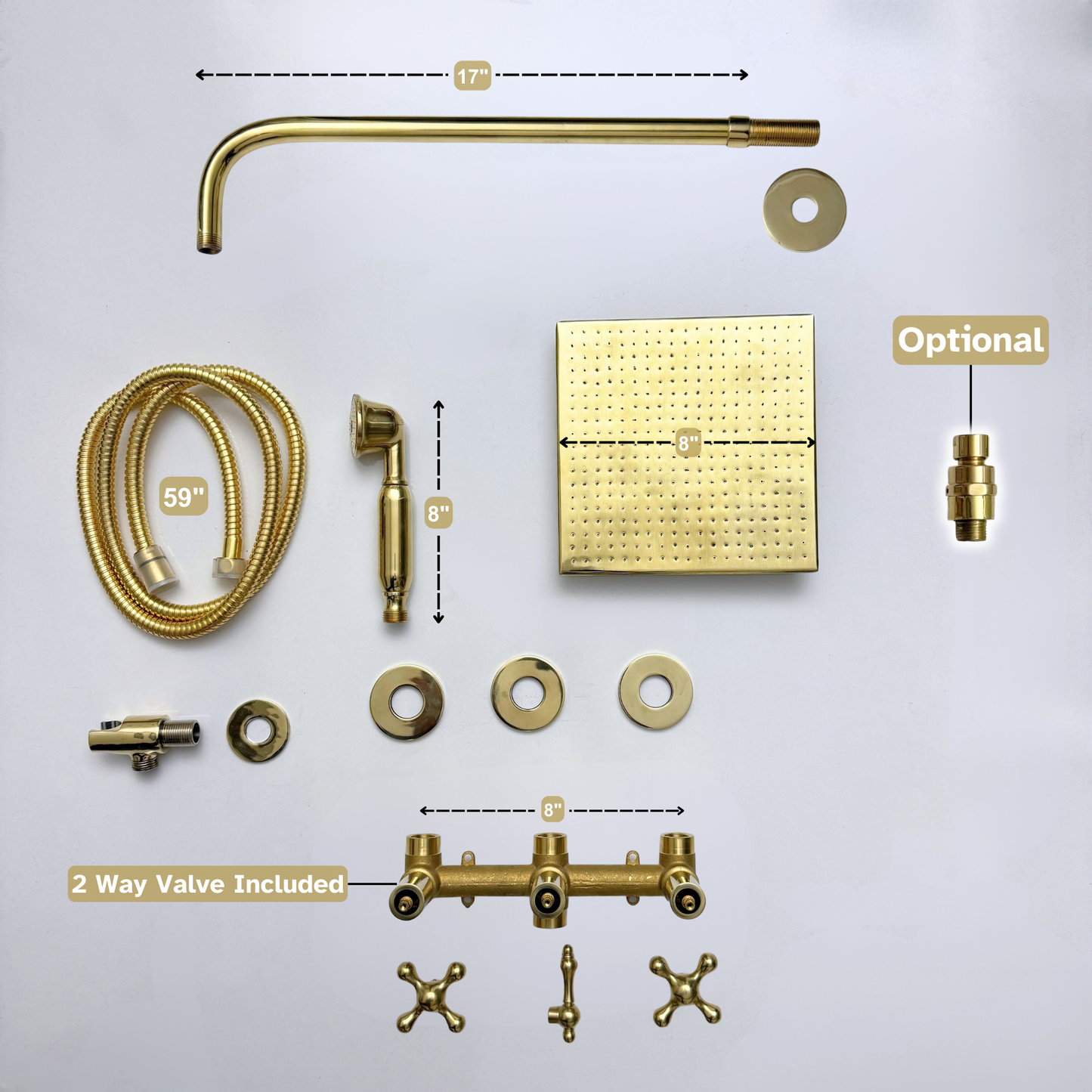 Unlacquered Brass Shower System with Adjustable Flat Square Rain Shower Head, Handheld Shower Head and Cross Handles