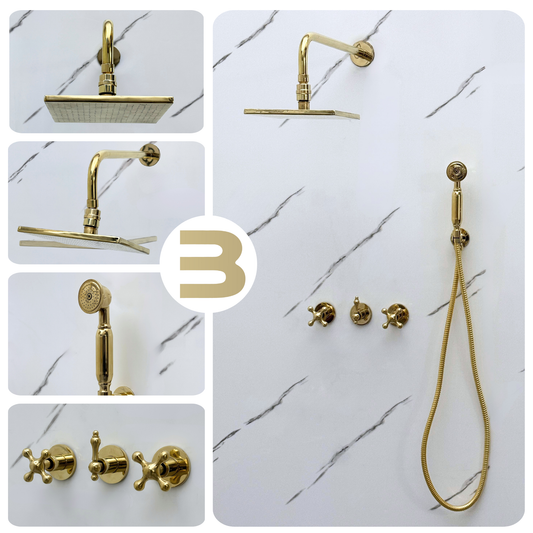 Unlacquered Brass Shower System with Adjustable Flat Square Rain Shower Head, Handheld Shower Head and Cross Handles