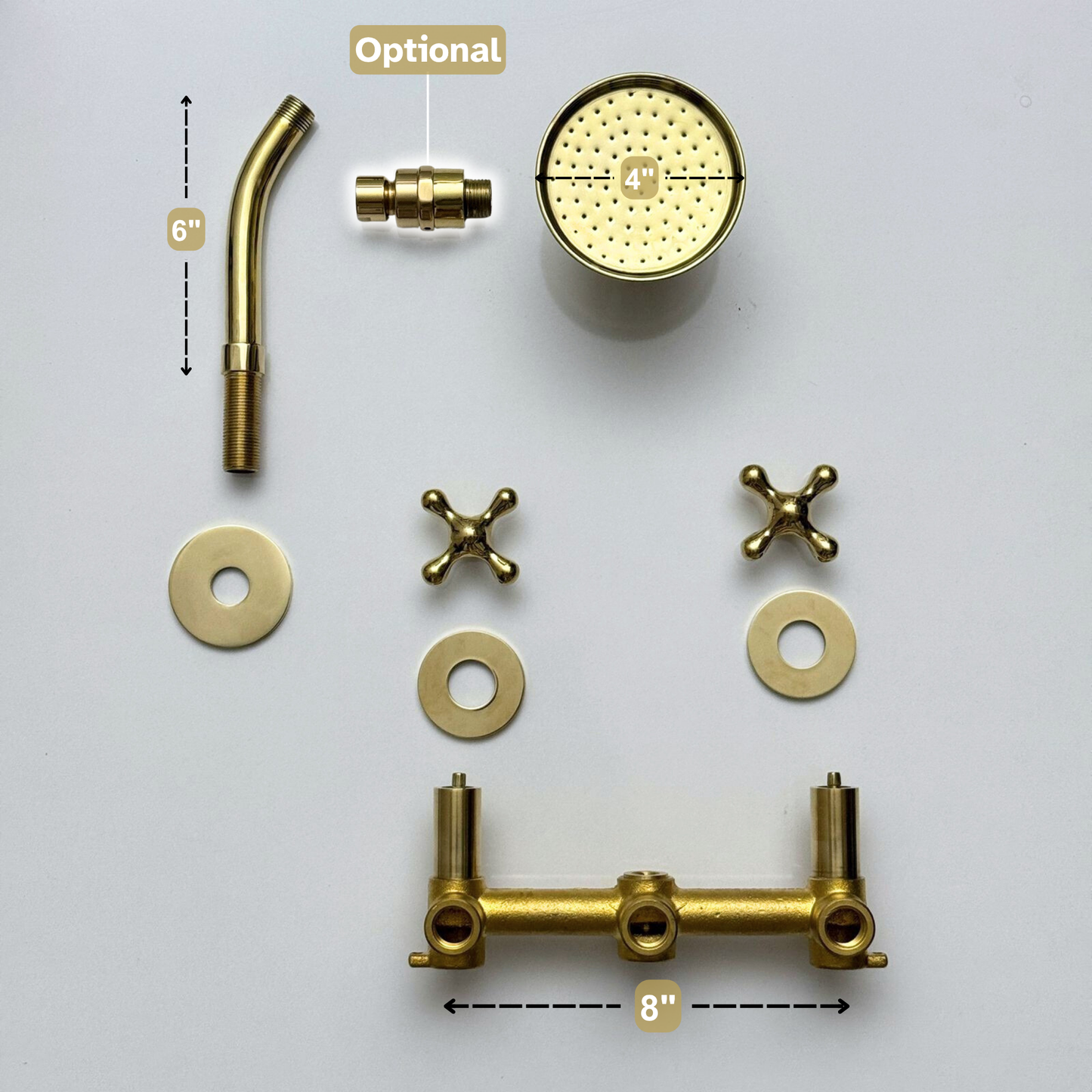 Unlacquered Brass Shower System with Adjustable Round Rain Shower Head, Short Arm and Cross Handles