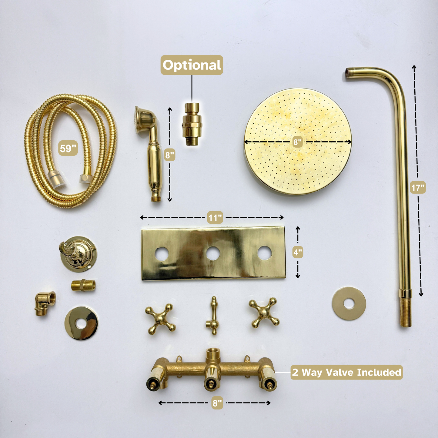 Système de douche en laiton non verni avec pomme de douche ronde plate, pomme de douche réglable, douchette à main, plaque centrale en laiton et poignées croisillon