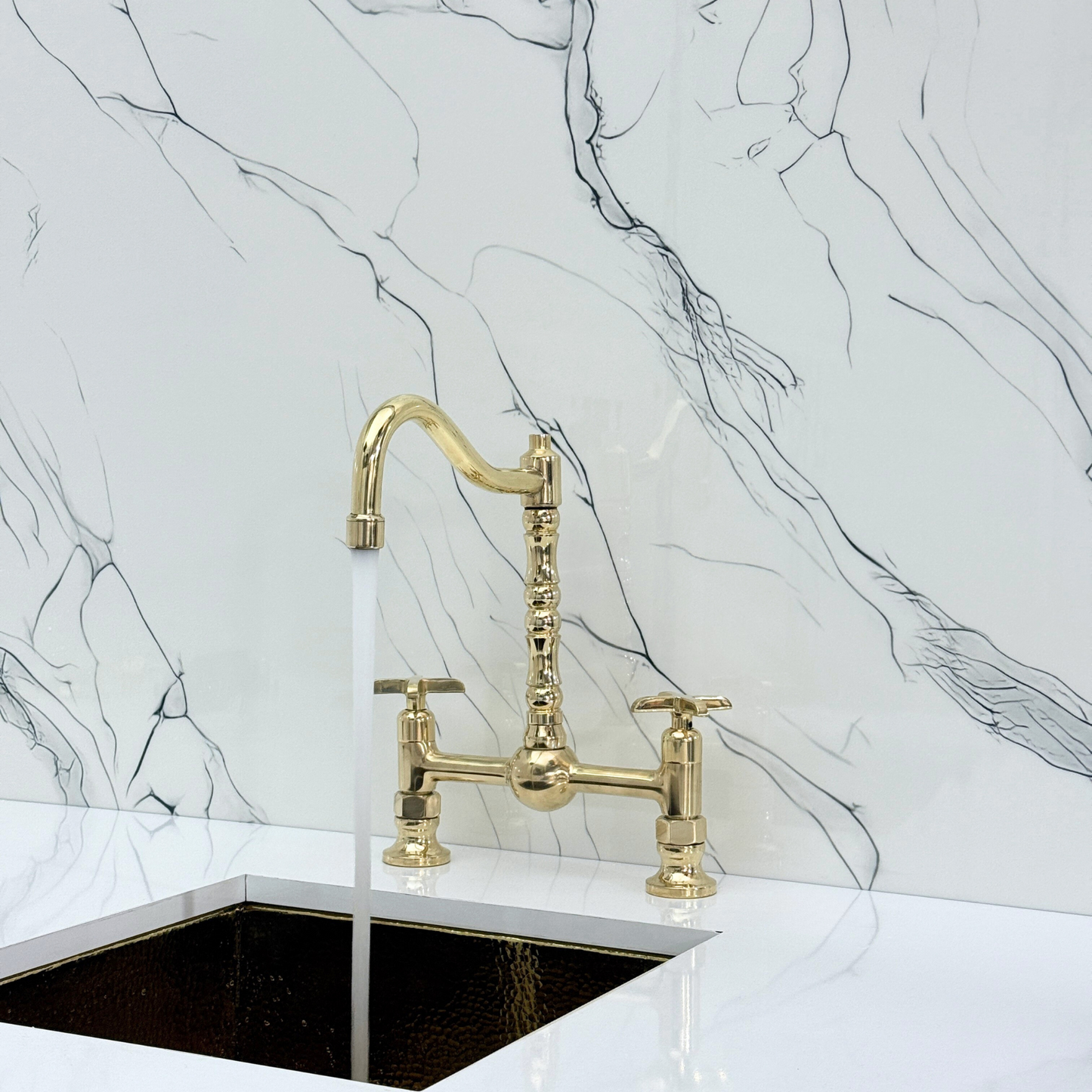 Unlacquered Brass Victorian Bridge Faucet with Ball Center, Sprayer, Cold Water Faucet, and Cross Handles